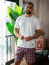 Men summer pajama set White T-shirt + Red X Dark Blue Checkered Short